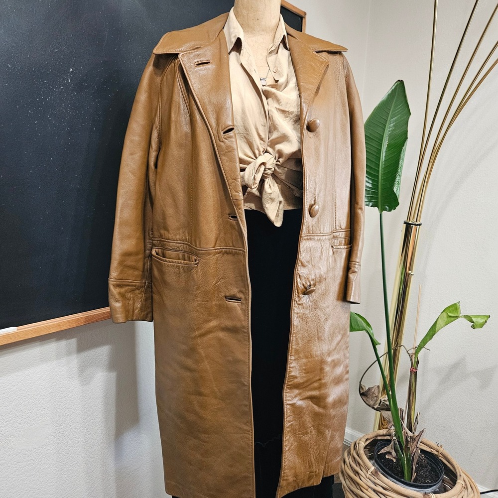 Vintage 70s Genuine Leather Trench Coat Caramel Brown Coast Sportswear Canada